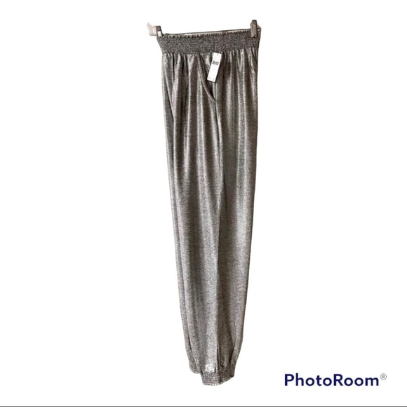 New Anthropologie Pants Womens Silver Metallic Shimmer Elastic Waist Jog… - Picture 9 of 9